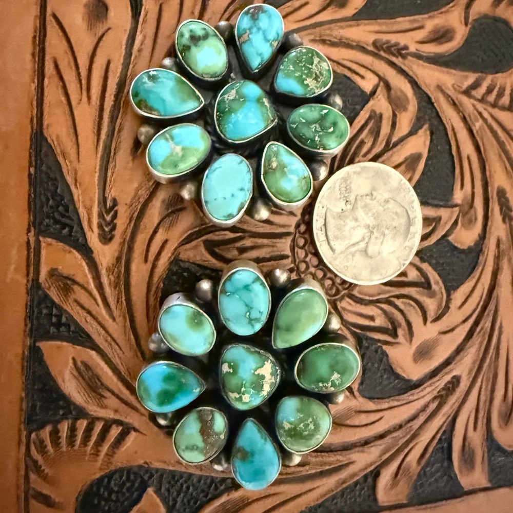 Native made Sonoran gold turquoise statement cluster earrings